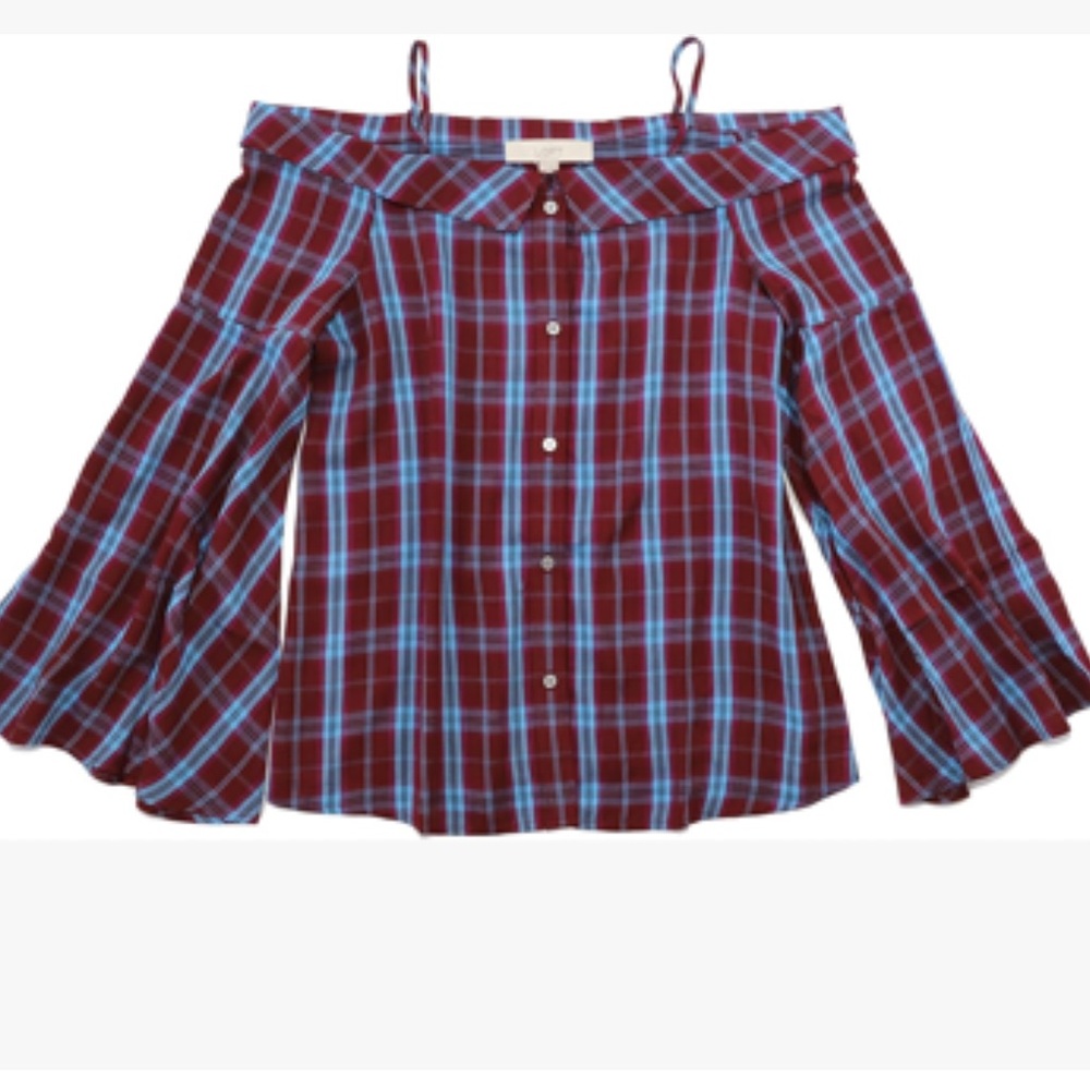 Loft Ann Taylor Women's Purple Blue Plaid Off-Shoulder Bell Sleeve Blouse